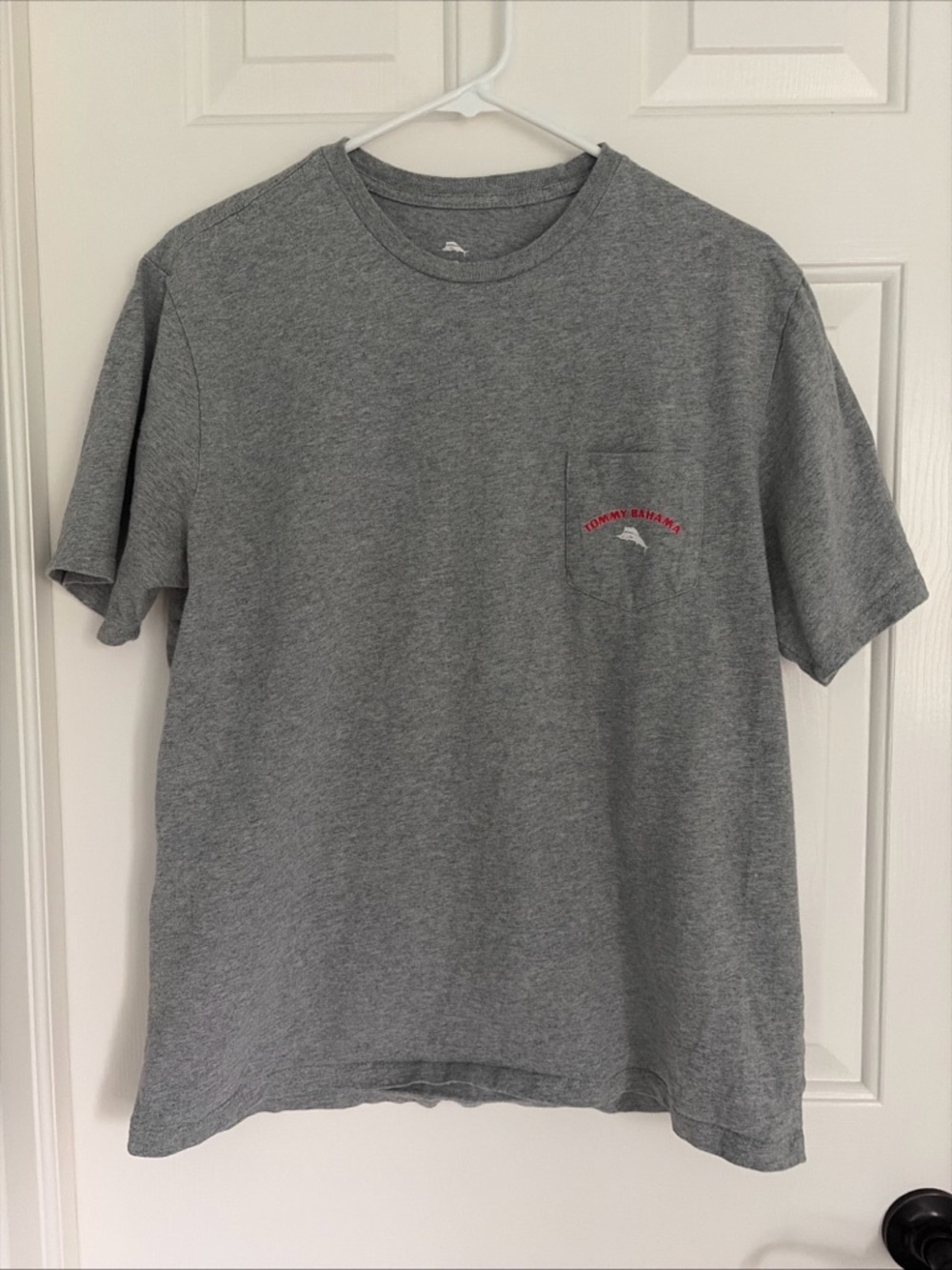 Tommy Bahama Gray Short-Sleeve Pocket Tee with Red Logo No Flame No Gain